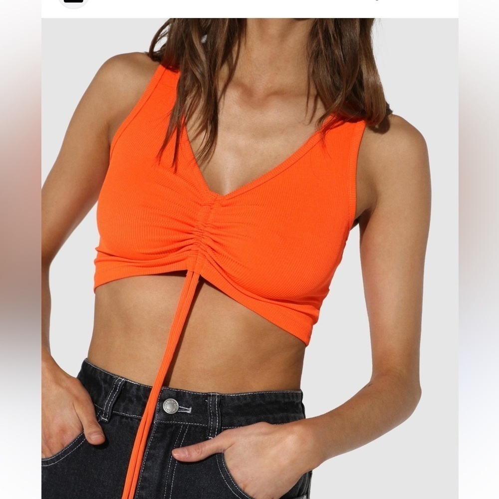 BY.DYLN Viper Orange Ruched Crop Top Sz S